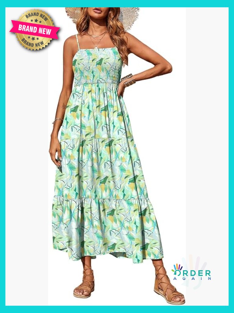 Smocked Tiered Maxi Dress Sleeveless Spaghetti Strap Boho Summer Beach Sundress